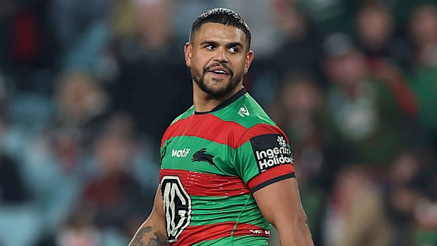 Latrell Mitchell of the Rabbitohs looks on.