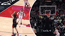 Josh Giddey hits a three-pointer against the Denver Nuggets.