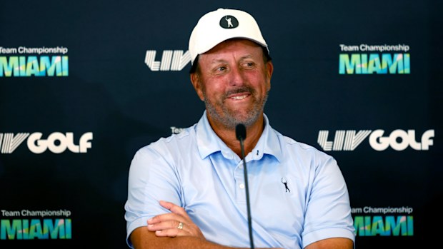 Phil Mickelson, Team Captain  of Hy Flyers GC, speaks to the media during the LIV Golf Team Championship Press Conference  prior to the LIV Golf Team Championship - Miami at Trump National Doral Miami on October 26, 2022 in Doral, Florida. (Photo by Chris Trotman/LIV Golf/via Getty Images)