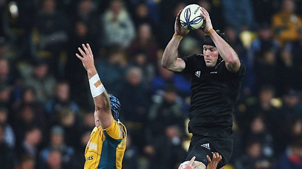 Tom Donnelly of the All Blacks takes the ball in the lineout in Wellington.