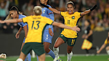 Mary Fowler of the Matildas celebrates scoring a goal.