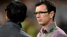 Cropped: Broncos Manager of Football Ben Ikin is seen chatting with Johnathan Thurston during the round seven NRL match between the Brisbane Broncos and the Canterbury Bulldogs at Suncorp Stadium, on April 22, 2022, in Brisbane, Australia. (Photo by Bradley Kanaris/Getty Images)