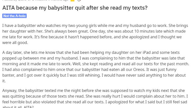 Babysitter quits after reading texts.
