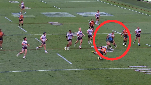 Lehi Hopoate runs into referee Grant Atkins and knocks him to ground.