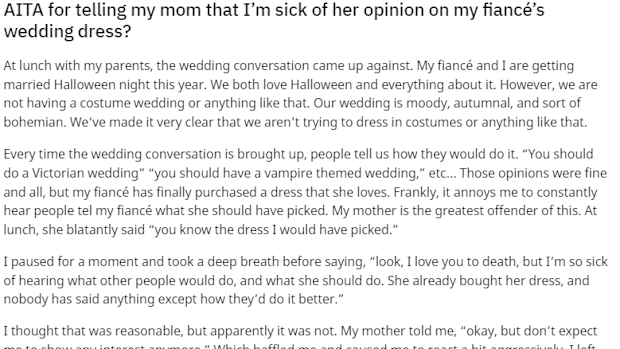 Groom mother wedding complaint