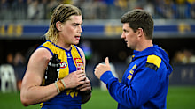 West Coast star Harley Reid chats with coach Andrew McQualter