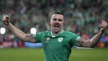 Ireland's Mack Hansen celebrates at the end of the Rugby World Cup match against South Africa.