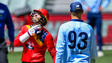 Alex Carey reacts after a ball struck his throat in the Redbacks' win over the Blues in their marsh Cup clash.