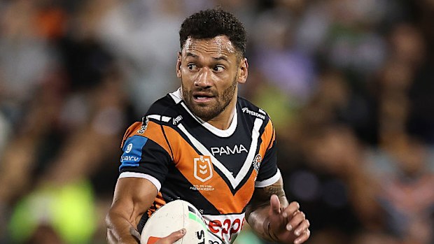 Apisai Koroisau of the Wests Tigers makes a break.