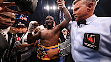 Terence Crawford reacts after defeating Canelo Alvarez.