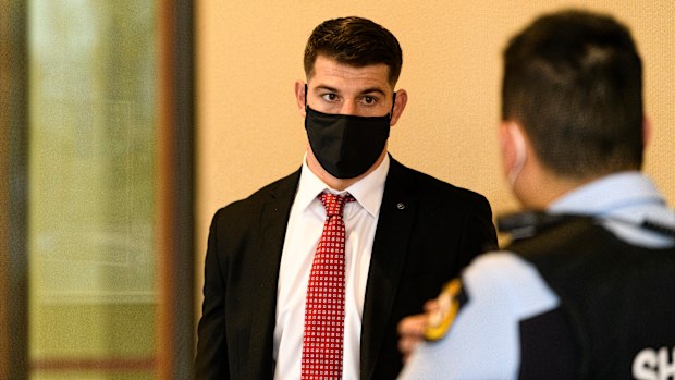 NRL player Curtis Scott is appearing at Downing Centre Loccal Courts on assault charges. Sydney , September 9, 2020. Photo: Rhett Wyman/SMH