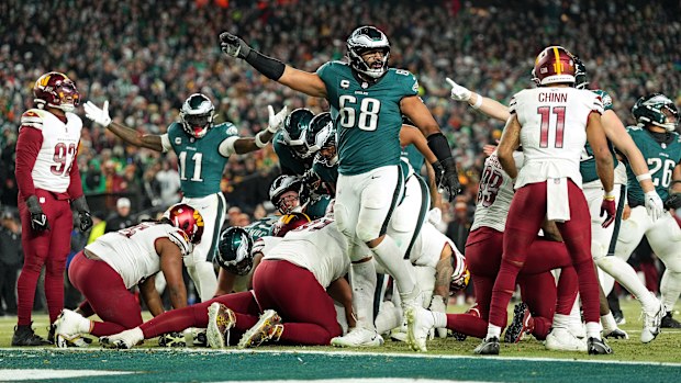  Jordan Mailata #68 of the Philadelphia Eagles reacts to the Washington Commanders being offsides during the fourth quarter in the NFC Championship Game at Lincoln Financial Field on January 26, 2025 in Philadelphia, Pennsylvania. (Photo by Mitchell Leff/Getty Images)