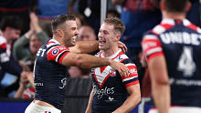 Sam Walker of the Roosters celebrates scoring a try with team mates. (Photo by Cameron Spencer/Getty Images)