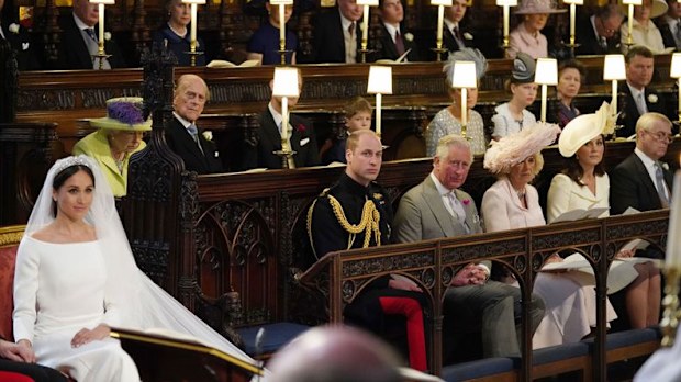Empty seat in front of Queen Elizabeth at Harry and Meghan's wedding.