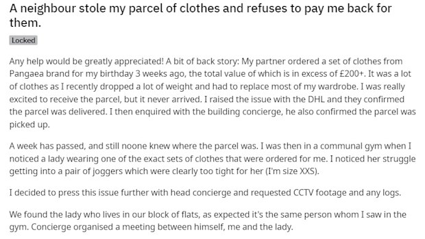 Reddit post stolen clothing package