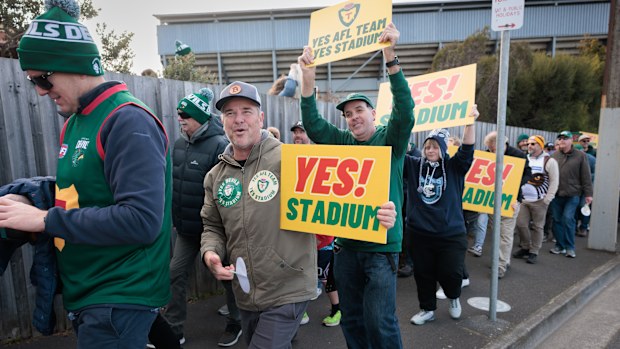 Tasmanian State Election 2025 pro stadium march at North Hobart Oval.
