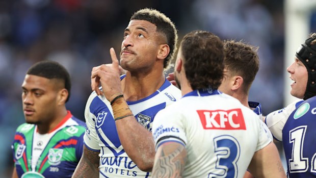 Viliame Kikau of the Bulldogs celebrates scoring a try.