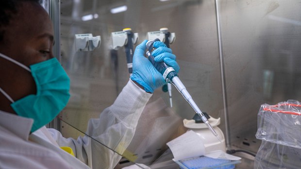 Puseletso Lesofi prepares to sequence COVID-19 omicron samples at the Ndlovu Research Center in Elandsdoorn, South Africa Wednesday Dec. 8, 2021.  