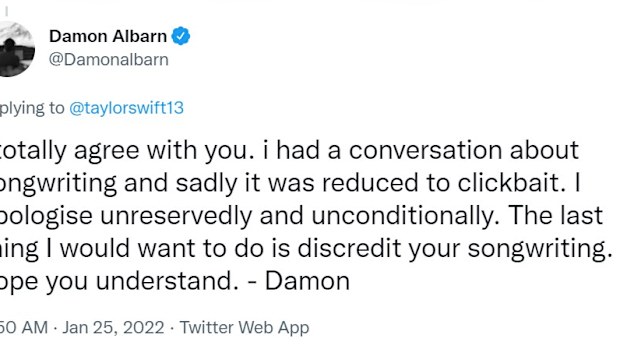 Damon Albarn apologises to Taylor Swift.
