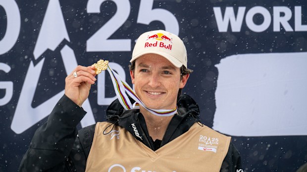 Scotty James celebrates winning his fourth world championship gold medal.