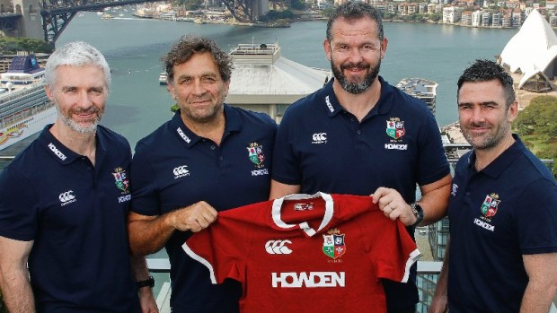Lions coach Andy Farrell with Aled Walters, David Nucifora, and Vinny Hammond in Sydney.