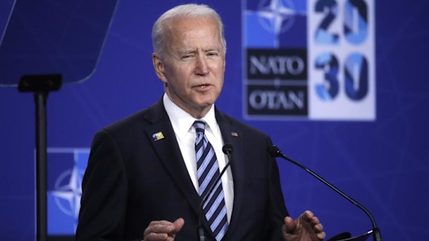 U.S. President Joe Biden speaks during a media conference during a NATO summit in Brussels, Monday, June 14, 2021. The Chinese mission to the European Union on Tuesday denounced a NATO statement that declared Beijing a "security challenge," saying China is actually a force for peace but will defend itself if threatened.