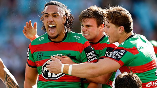Keaon Koloamatangi celebrates after scoring a try.