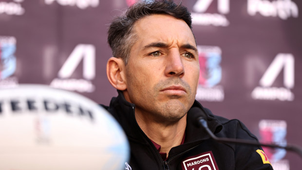 PERTH, AUSTRALIA - JUNE 25: Billy Slater, coach of the Maroons addresses the media during a State of Origin media opportunity at Forrest Place  on June 25, 2022 in Perth, Australia. (Photo by Paul Kane/Getty Images)