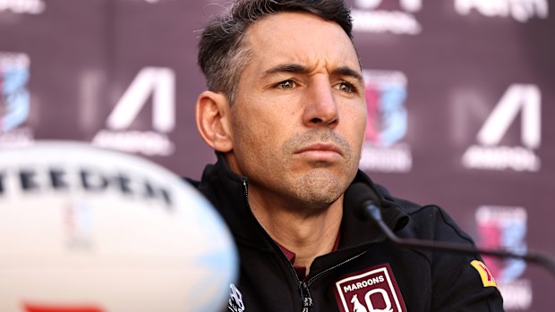 PERTH, AUSTRALIA - JUNE 25: Billy Slater, coach of the Maroons addresses the media during a State of Origin media opportunity at Forrest Place  on June 25, 2022 in Perth, Australia. (Photo by Paul Kane/Getty Images)