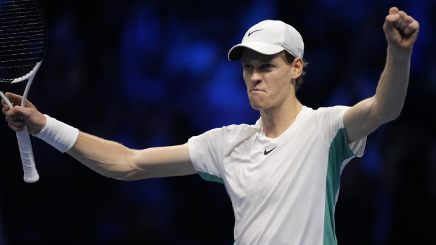 Italy's Jannik Sinner celebrates beating Novak Djokovic.