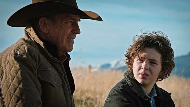 Kevin Costner as John Dutton and Finn Little as Carter in Yellowstone Season 4 on Stan