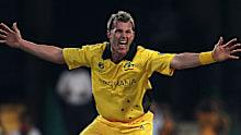 Brett Lee reacts after taking a wicket.