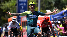 Sam Welsford of Australia and Team BORA - Hansgrohe celebrates at finish line as stage winner during the 24th Santos Tour Down Under 2024, Stage 3 a 145.3km stage from Tea Tree Gully to Campbelltown.