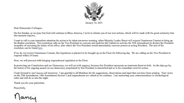 A letter from Nancy Pelosi, detailing plans for President Donald Trump's possible impeachment.
