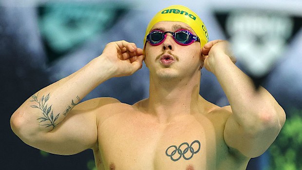 Isaac Cooper gets ready to race in the men's 50m backstroke at the 2025 Australian Swimming Trials.