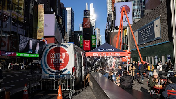 A COVID-19 testing site is seen in Times Square.