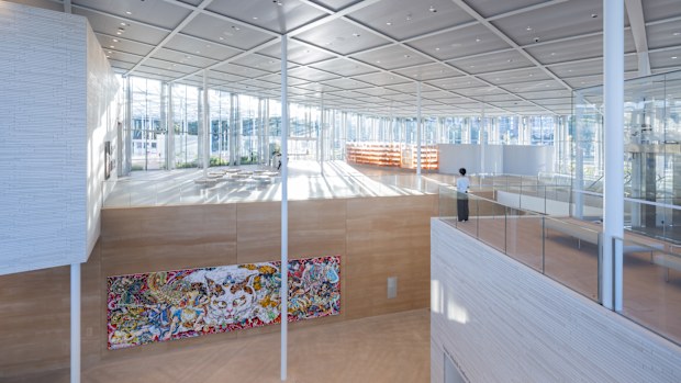 Interior view of the Art Gallery of New South Wales' new SANAA-designed building, featuring Takashi Murakami's "Japan Supernatural: Vertiginous After Staring at the Empty World Too Intensely, I Found Myself Trapped in the Realm of Lurking Ghosts and Monsters" 