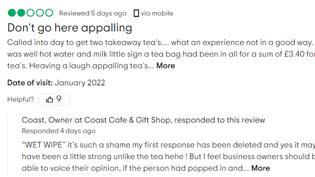 Tripadvisor negative review Coast Cafe