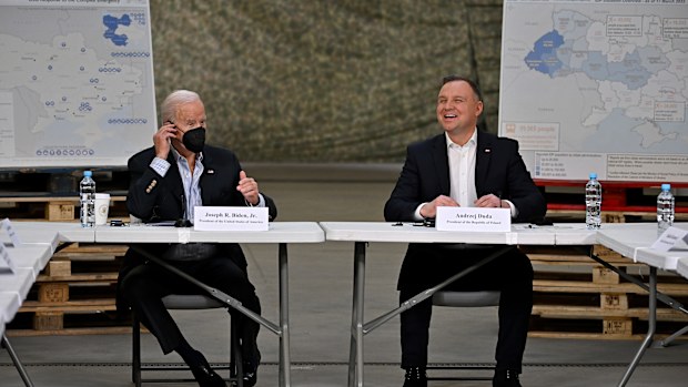 RZESZOW, POLAND - MARCH 25: US President Joe Biden (L) meets with the President of Poland, Andrzej Duda on March 25, 2022 in Rzeszow, Poland. U.S. President Joe Biden meets with NATO allies as they coordinate reaction to Russia's war in Ukraine, which has entered its second month. (Photo by Jeff J Mitchell/Getty Images)