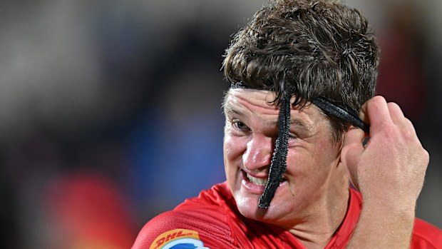 Scott Barrett of the Crusaders reacts.
