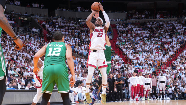 Miami's Jimmy Butler shoots the ball against Boston during game one of the 2022 NBA Playoffs.