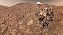 This image provided by NASA shows NASA's Perseverance Mars rover taking a selfie, made up of 62 individual images on July 23, 2024.   (NASA via AP)