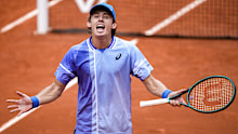 Australia's Alex De Minaur celebrates winning his fourth round match of the French Open tennis tournament against Russia's Daniil Medvedev at the Roland-Garros stadium in Paris, Monday, June 3, 2024.