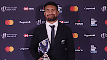 New Zealand's Ardie Savea poses with his trophy of Rugby Men's 15s Player of the Year during the World Rugby Awards.