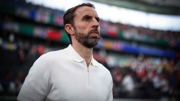 Gareth Southgate, Head Coach of England, reactsduring the UEFA EURO 2024 group stage match between Denmark and England at Frankfurt Arena on June 20, 2024 in Frankfurt am Main, Germany. (Photo by Ryan Pierse - UEFA/UEFA via Getty Images)