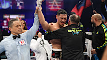 Jai Opetaia celebrates winning the IBF cruiserweight title against Mairis Briedis at Gold Coast Convention and Exhibition Centre.