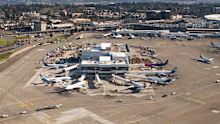 Seattle, Washington/ USA - February 15 2020: Aerial View of Seattle-Tacoma International Airport, with construction work of the North Satellite concourse expansion well underway.