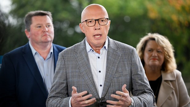 Opposition Leader Peter Dutton speaks during a press conference in the electorate of Whitlam April 29, 2025 in Mos