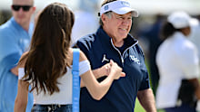 Bill Belichick of the North Carolina Tar Heels and girlfriend Jordon Hudson look on prior to a game against the UCF Knights at FBC Mortgage Stadium on September 20, 2025 in Orlando, Florida. (Photo by Julio Aguilar/Getty Images)