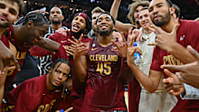 CLEVELAND, OHIO - JANUARY 02: Donovan Mitchell #45 of the Cleveland Cavaliers celebrates with his teammates after scoring a Cavaliers franchise record 71 points against the Chicago Bulls at Rocket Mortgage Fieldhouse on January 02, 2023 in Cleveland, Ohio. The Cavaliers defeated the Bulls 145-134. NOTE TO USER: User expressly acknowledges and agrees that, by downloading and or using this photograph, User is consenting to the terms and conditions of the Getty Images License Agreement. (Photo by J